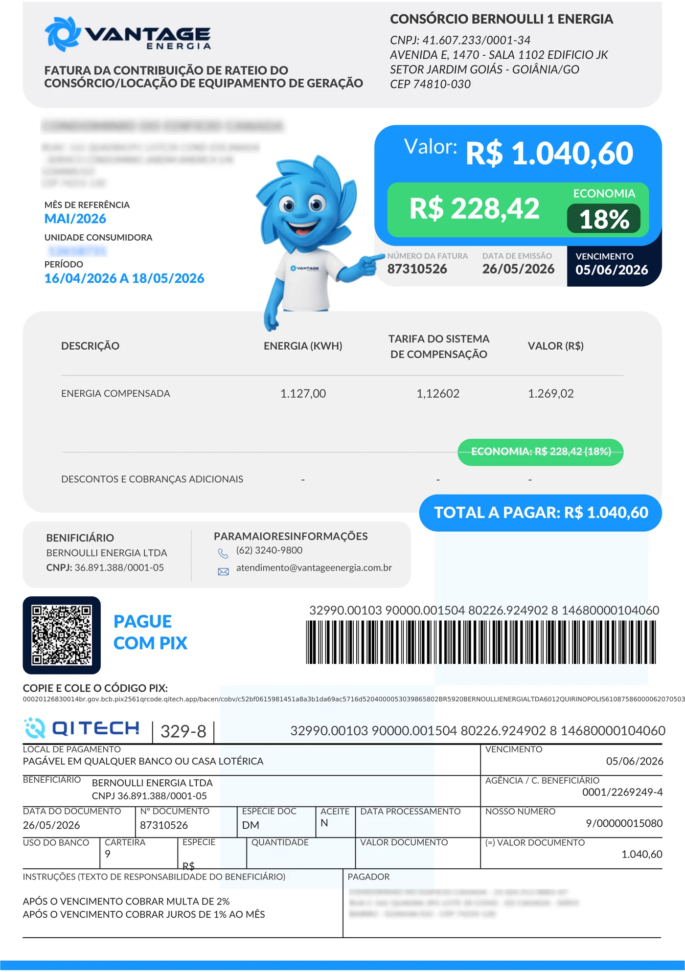 Fatura real de energia com economia aplicada — dados pessoais ocultados